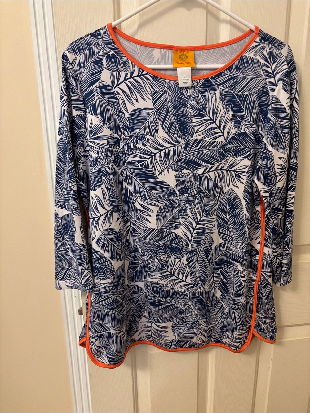 Blue Leaf Print Long-Sleeve Top with Orange Trim